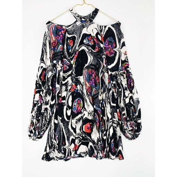 Free People Drift Away Tunic Dress Women's Small Black Floral Cold Shoulder - Picture 2 of 6